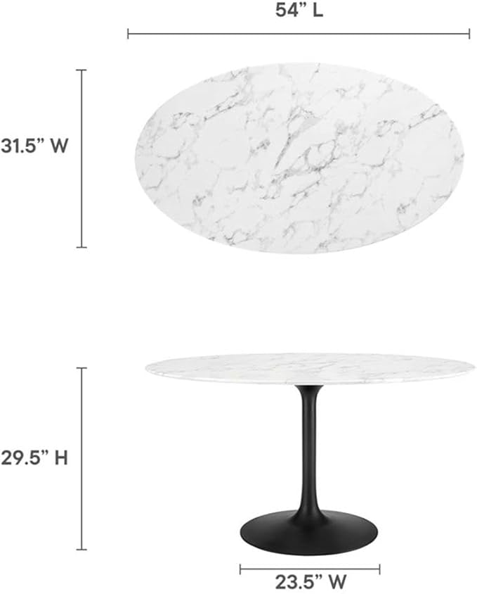 Modway Lippa 54" Oval-Shaped Mid-Century Modern Dining Table with Artificial Marble Top and Black Base