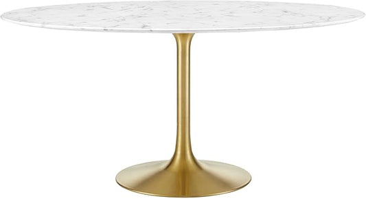Modway Lippa 60" Mid-Century Dining Table with Round Artificial Marble Top in Gold White