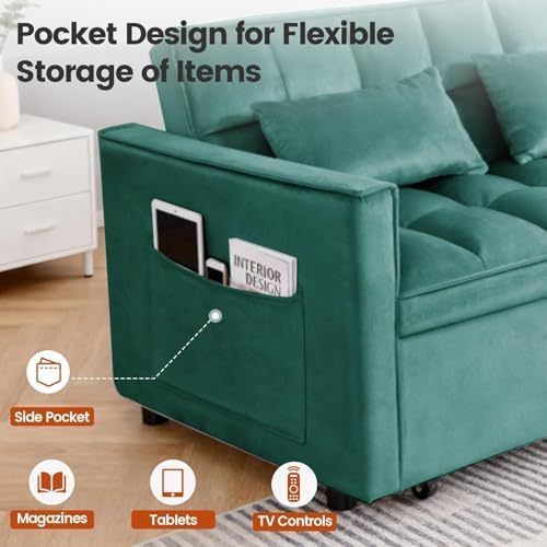 3 in 1 Convertible Sofa Bed, Velvet Fabric Loveseat Sleeper Sofa with Side Pockets, Pull Out Couch with Adjustable Backrest for Small Spaces, Living Room, Bedroom, Apartment, Green