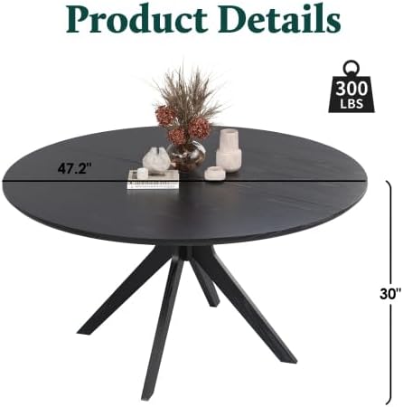 Bellemave Round Dining Table for 4-6, Solid Wood 47" Kitchen Table with Intersecting Pedestal Base, for Kitchen, Dining Room, Living Room (Black)