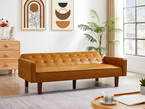 Modern PU Leather 3-Seat Couch, Adjustable Backrest Convertable Sofa, Sleek Minimalist Fold Out Couch Loveseat with Armrests, Sofa for Living Room Home Office Spaces, Brown