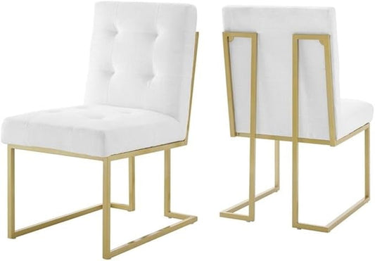 Modway Privy Stainless Steel Upholstered Fabric Dining Accent Chair Set of 2, Gold White