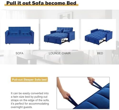 54" Convertible Pull Out Sofa Bed with Adjustable Backrest, Blue