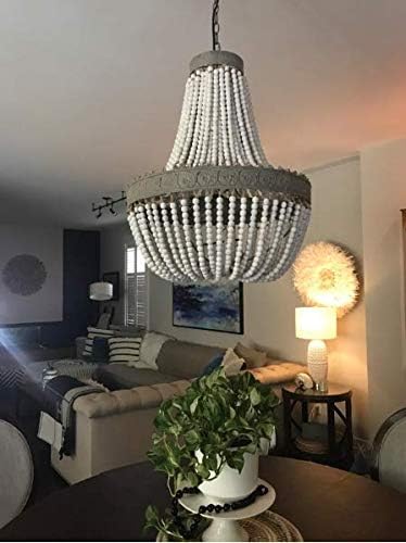 Newrays Wood Beaded Chandelier Pendant Three Lights Gray White Finishing Retro Vintage Antique Rustic Kitchen Ceiling Lamp Light Fixtures(18.52 in*21.3 in)