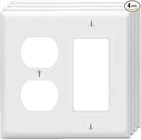Duplex Outlet/Decorator Rocker Light Switch Wall Plates 2-Gang Switch Outlet Electrical Cover Plate Unbreakable Thermoplastic Faceplate for Light Receptacle Outlet Switch, White (4 Pack)