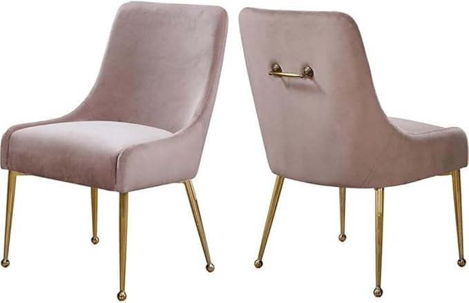 Meridian Furniture Owen Collection Modern | Contemporary Velvet Upholstered Dining Chair with Polished Gold Metal Legs, Set of 2, 24" W x 21" D x 34.5" H, Pink