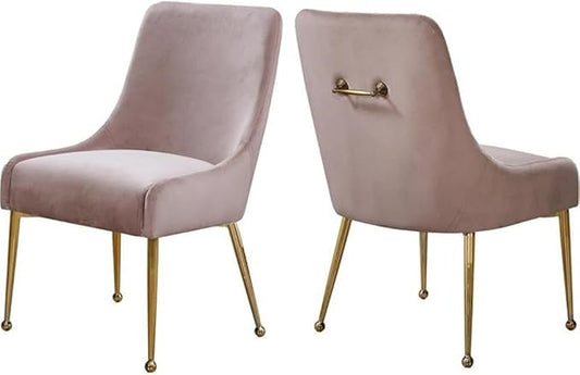 Meridian Furniture Owen Collection Modern | Contemporary Velvet Upholstered Dining Chair with Polished Gold Metal Legs, Set of 2, 24" W x 21" D x 34.5" H, Pink