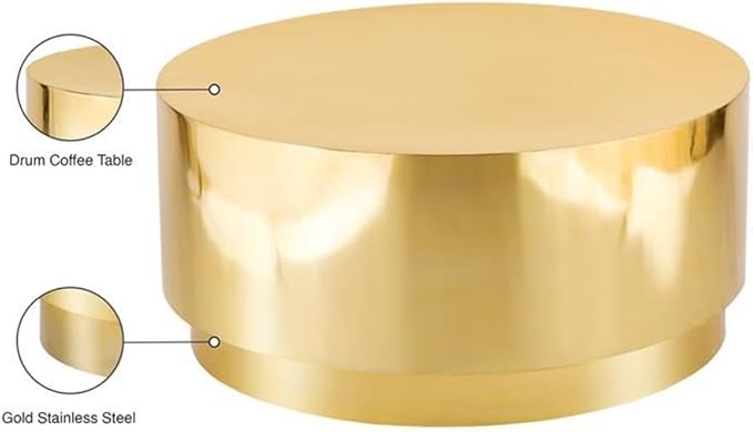 Meridian Furniture Jazzy Collection Modern | Contemporary Stainless Steel Drum Shaped Coffee Table, 36" W x 36" D x 16.5" H, Gold