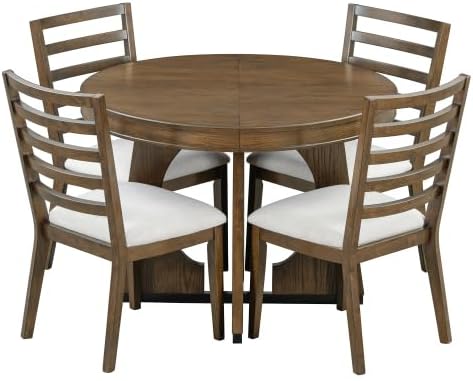 Bellemave Extendable Dining Table Set with 4 Upholstered Chairs, 5-Piece Round Kitchen Table Set with Removable Middle Leaf for Kitchen, Dining Room (Walnut)