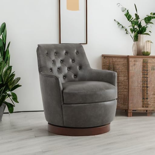 Watson & Whitely Swivel Barrel Accent Chair, Tufted Upholstered Arm Chair for Living Room and Bedroom, Faux Leather in Dark Grey