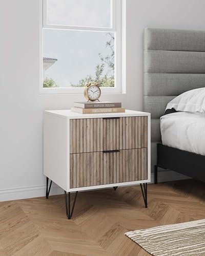 Manhattan Comfort Dumbo Fluted Nightstand with 2 Drawers, Gold Metal Legs and Metal Handles, Tool-Free Assembly Modern Bedside Accent Table with Storage for Bedroom, Living Room in White & Rustic Grey