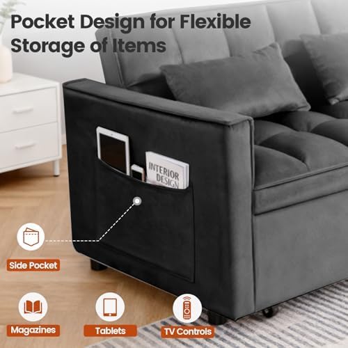 54" Convertible Pull Out Sofa Bed with Adjustable Backrest, Black