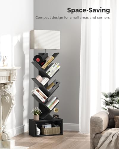 Evermagin 6 Tier Tree Bookshelf with Light, Bookcase, Black