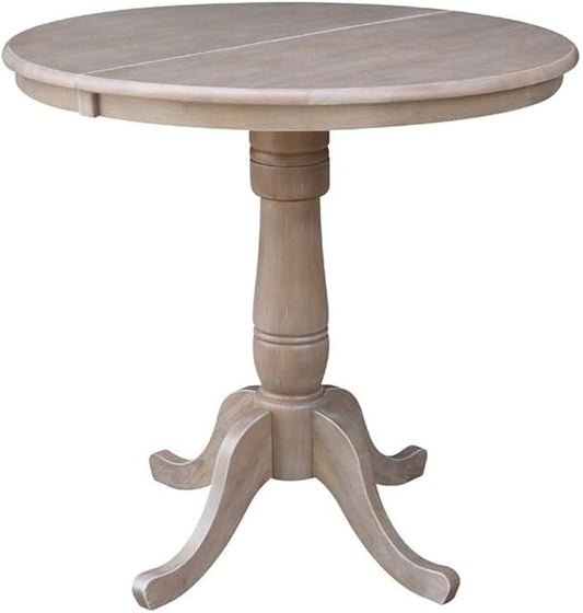 International Concepts 36" Round Top Pedestal Table with 12" Leaf-34.9" H-Dining or Counter Height, Washed Gray Taupe
