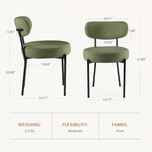 DUMOS Dining Chairs Set of 2, Mid Century Modern Chair Round Upholstered Curved Backrest, Kitchen Vanity Living Room Chairs with Black Metal Legs, Green