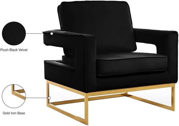 Meridian Furniture Modern | Contemporary Black Velvet Upholstered Accent Chair with Stainless Steel Base in a Rich Gold Finish, 33.5" W x 29.5" D x 35.5" H,