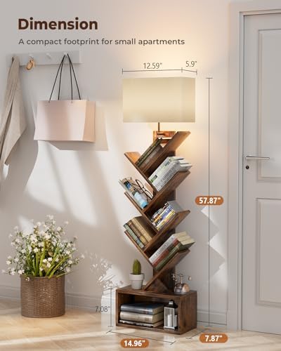 Evermagin 6 Tier Tree Bookshelf with Light, Bookcase, Rustic Brown