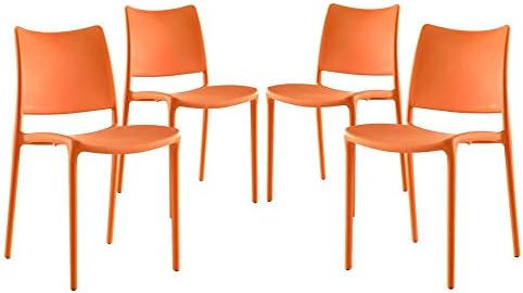 Modway Hipster Contemporary Modern Molded Plastic Stacking Four Dining Chairs in Orange