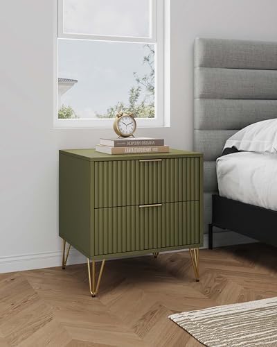 Manhattan Comfort Dumbo Fluted Nightstand with 2 Drawers, Gold Metal Legs and Metal Handles, Snap Tool-Free Assembly, Modern Bedside Accent Table with Storage for Bedroom, Living Room in Olive Green