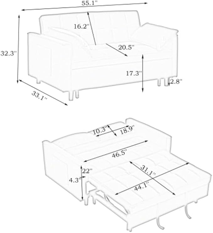 55in Pull Out Sofa Bed, 3 in 1 Convertible Sleeper Sofa Bed with Side Pockets & Adjustable Backrest, Velvet Fabric Loveseat Pull Out Couch for Living Room Bedroom Apartment & RV, Green