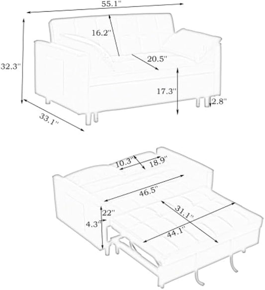 55in Pull Out Sofa Bed, 3 in 1 Convertible Sleeper Sofa Bed with Side Pockets & Adjustable Backrest, Velvet Fabric Loveseat Pull Out Couch for Living Room Bedroom Apartment & RV, Green