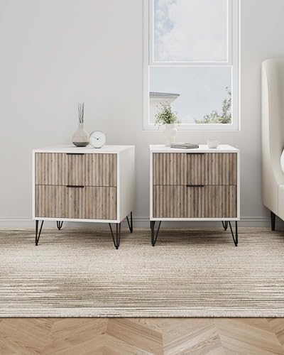 Manhattan Comfort Dumbo Modern Nightstand 2.0 with 2 Drawer & Metal Feet | Splayed Gold Legs | Vertical Ribbed Design | No Tool Assembly Storage for Bedroom, Set of 2, Set of 2, White and Rustic Grey