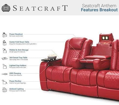 Seatcraft Anthem Home Theater Seating - Italian Leather - Power Recline Sofa - Fold-Down Table - Powered Headrests - Arm Storage - USB Charging - Cup Holders, Red