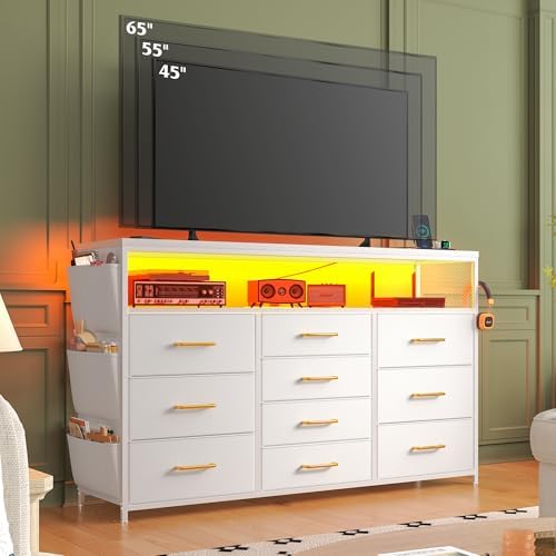 EnHomee 10-Drawer Dresser TV Stand for 55" TV with LED Lights, Power Outlets & Side Pockets (Whithe)