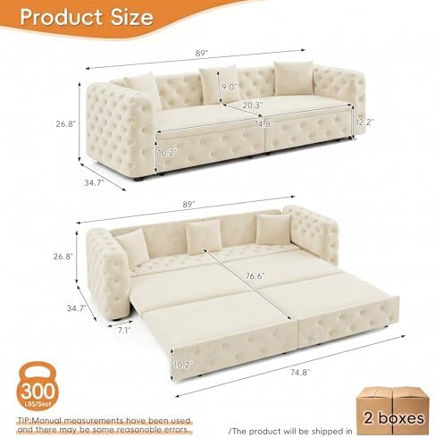 89" 4-Seater Queen Size Pull Out Sofa Bed with 3 Pillows, Beige
