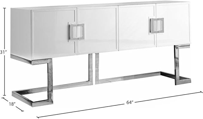 Meridian Furniture Beth Collection Modern | Contemporary Sideboard Buffet, Rich Chrome Stainless Steel Base, White Laquer Finish, 64" W x 18" D x 31" H, Cabinet