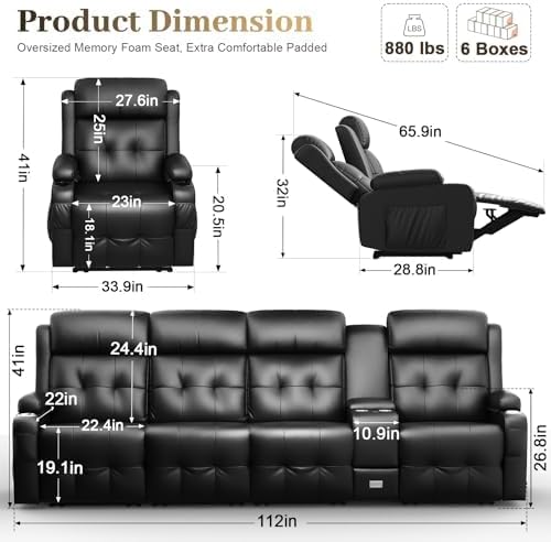 Recliner Sofa, 3 Seater Massage Reclining Loveseat Sofa Sets, 1 Single Power Recliner Chairs Heat & Massage, Heavy Weight Capacity, RV Clearance Love Seat Couch with Console, USB, Type C Port