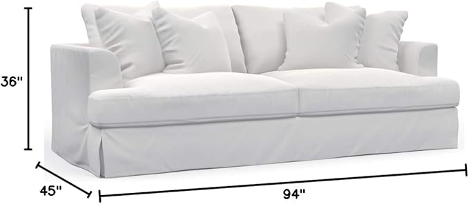 Sunset Trading Newport Slipcovered Recessed Fin Arm Sofa | Moisture and Stain Resistant Performance Fabric | 4 Throw Pillows | White