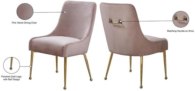 Meridian Furniture Owen Collection Modern | Contemporary Velvet Upholstered Dining Chair with Polished Gold Metal Legs, Set of 2, 24" W x 21" D x 34.5" H, Pink