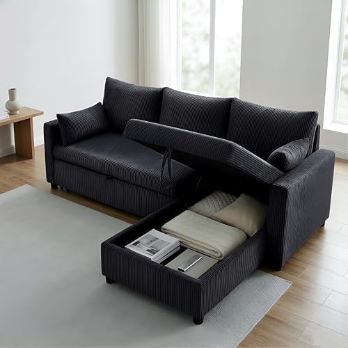 85" 3 Seats Sectional Sleeper Sofa with 3 in 1 Pull Out Bed, Black