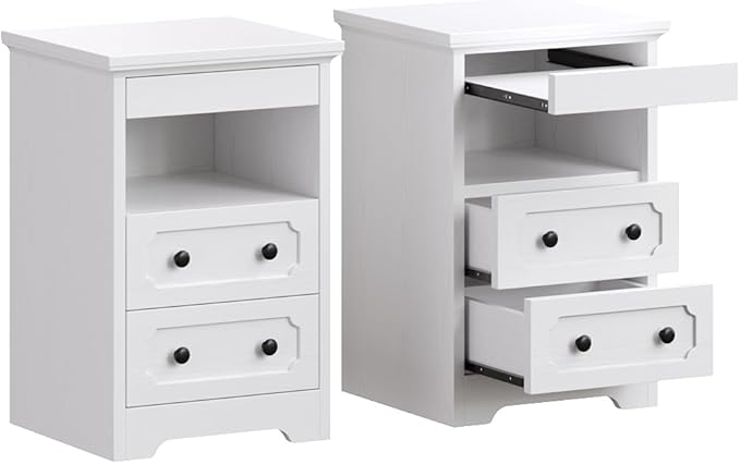 LIKIMIO Nightstand Set of 2, Night Stand with Pull Out Tray, Wooden Bedside Table with 2 Drawers and Open Shelf, Side Table for Bedroom, White