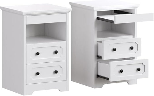 LIKIMIO Nightstand Set of 2, Night Stand with Pull Out Tray, Wooden Bedside Table with 2 Drawers and Open Shelf, Side Table for Bedroom, White