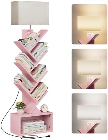 Evermagin 6 Tier Tree Bookshelf with Light, Bookcase, Pink