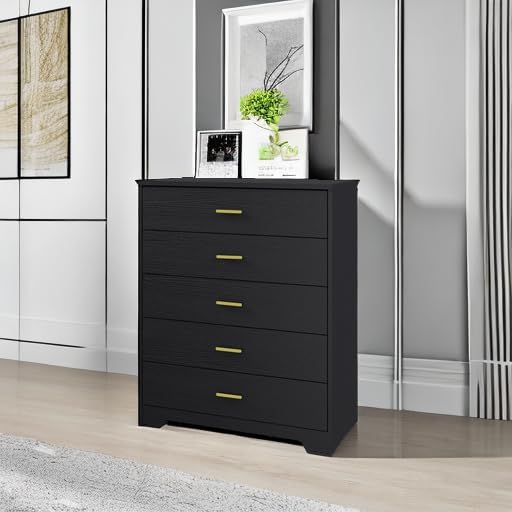 Panana Dresser for Bedroom with 4/5 Drawers, Wooden Chest of Drawers, Storage Organizer Unit Dressers for Bedroom, Living Room, Hallway, Nursery (Black, 5 Drawer)