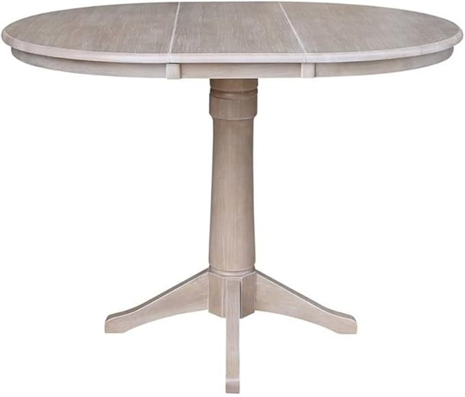 International Concepts 36" Round Top Pedestal Table with 12" Leaf-34.9" H-Dining or Counter Height, Washed Gray Taupe
