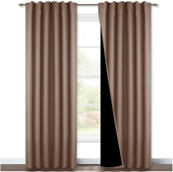 NICETOWN Blackout Bedroom Window Curtains with Back Tab and Rod Pocket, Noise Reduction and Privacy Curtains for Patio Door, Black Lined Blackout Drapes with Top, Cappuccino, 1 Pair, W52 x L84