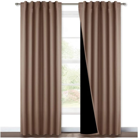 NICETOWN Complete Blackout Shades with Rod Pocket/Back Tab for Large Window, 100% Blackout Window Curtain Panels with Black Lined, 52 inches Width Each Panel, 95 inches Length, Cappuccino, 2 Pieces