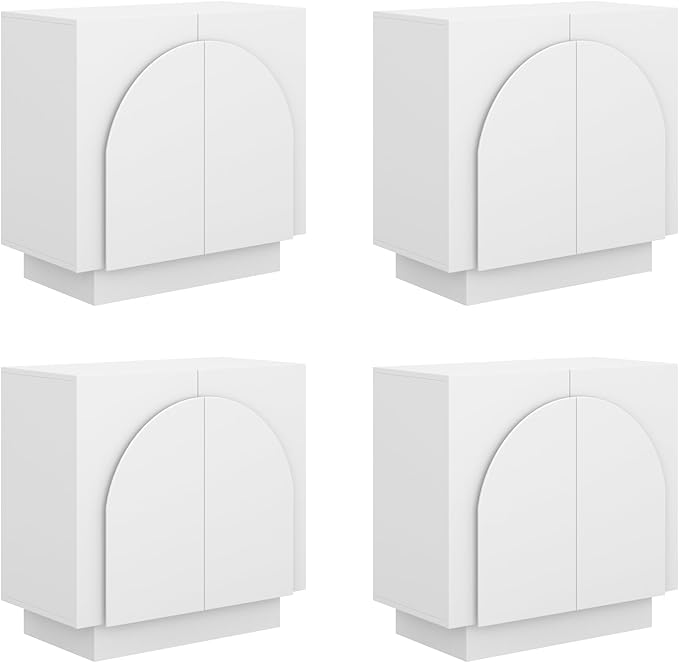 Nathan James Iris Mid-Century Modern Credenza, White TV Stand, Living Room Wood Storage Cabinet with Arched Cabinet Doors, Set of 4