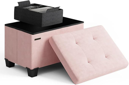 Storage Ottoman Cube with Small Bin, 16-in Square Ottoman with Storage for Living Room and Bedroom, Small Ottomans Foot Rest, Velvet Foot Stools Ottomans Max 330lbs, Pink