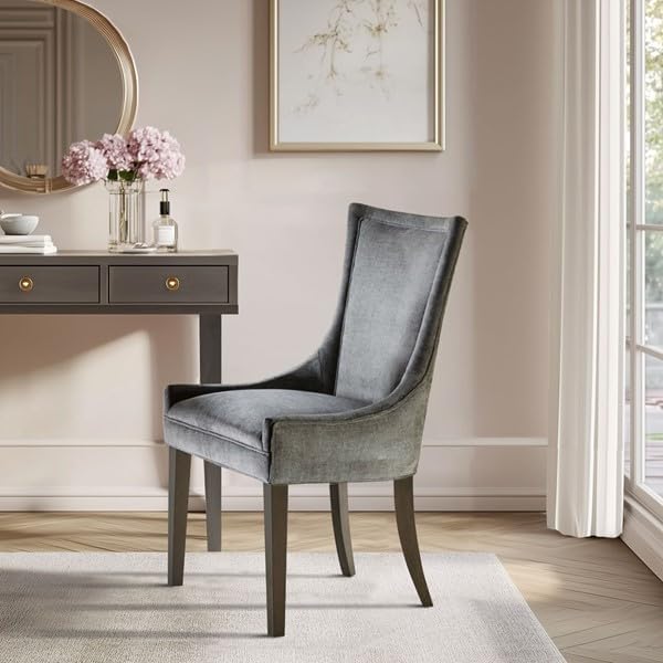 MADISON PARK SIGNATURE Ultra Dining Chairs Set of 2, Swoop Arm, Curved Back Chenille Upholstery Design, Solid Wood Legs, High Desnity Foam Seat Kitchen Furniture, Dark Grey, 23.25"W x 24.75"D x 39"H