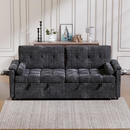 Convertible Sleeper Sofa Bed, 86 Inch Chenille Pull Out Couch with Side Table & Adjustable Backrest, Sectional Sleeper Sofa with Pull Out Bed for Living Room, Apartment, Black