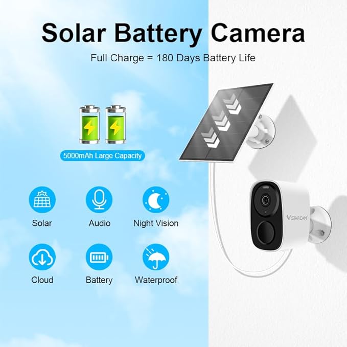 VSTARCAM 2K Solar Outdoor Security Camera with Micro SD Card 32 GB, PIR Motion Detector, Color Night Vision, 2.4GHz&5GHz WLAN, 2-Way Audio, IP66
