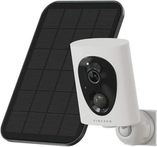 VIRTAVO 2K Wireless Security Camera Outdoor Home WiFi Surveillance Cam, Battery Powered,3W Solar Panel,Color Night Vision,AI Motion Detection,2‑Way Audio,IP66 Weatherproof,SD Card & No Subscription