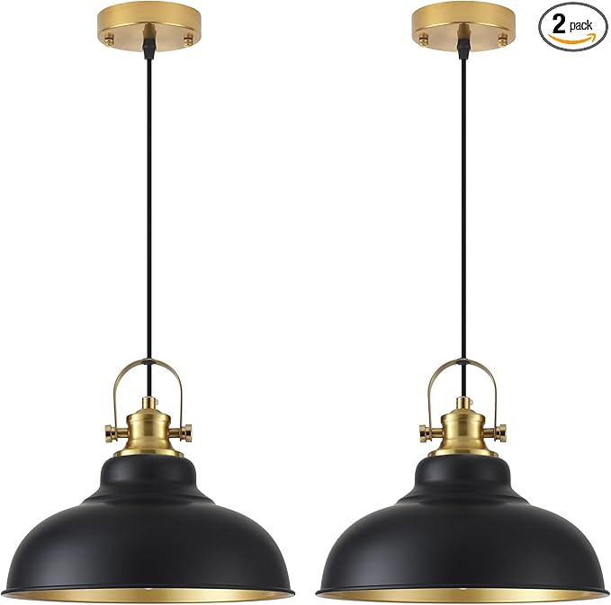 Black and Gold Pendant Light, 11.41 Inch Industrial Pendant Light Kitchen Island, Farmhouse Pendant Lights 2 Packs, Island Pendant Lights for Kitchen, Dining Room, Living Room