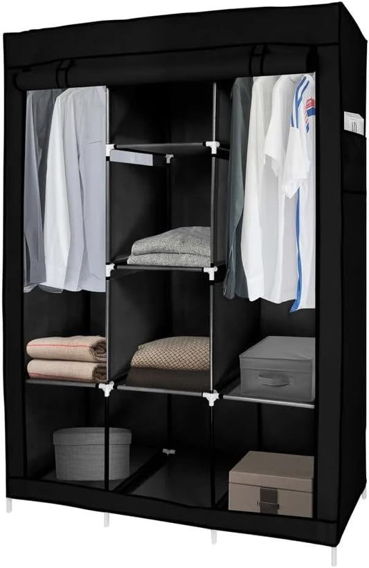 J&V TEXTILES Portable Closet Wardrobe Closet for Hanging Clothes with 8 Storage Shelves, 2 Hanging Rod and 4 Pockets, Free Standing Closet Clothes Organizer for Bedroom (Black)