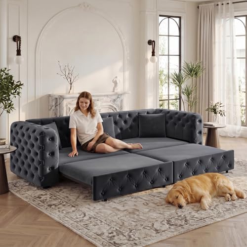 89" 4-Seater Queen Size Pull Out Sofa Bed with 3 Pillows, Gray